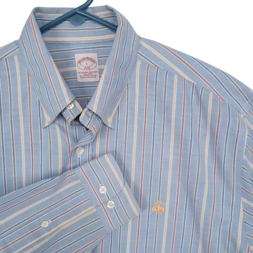 Brooks Brothers 346 Shirt Mens Large Blue Striped Non-Iron Supima Cotton
